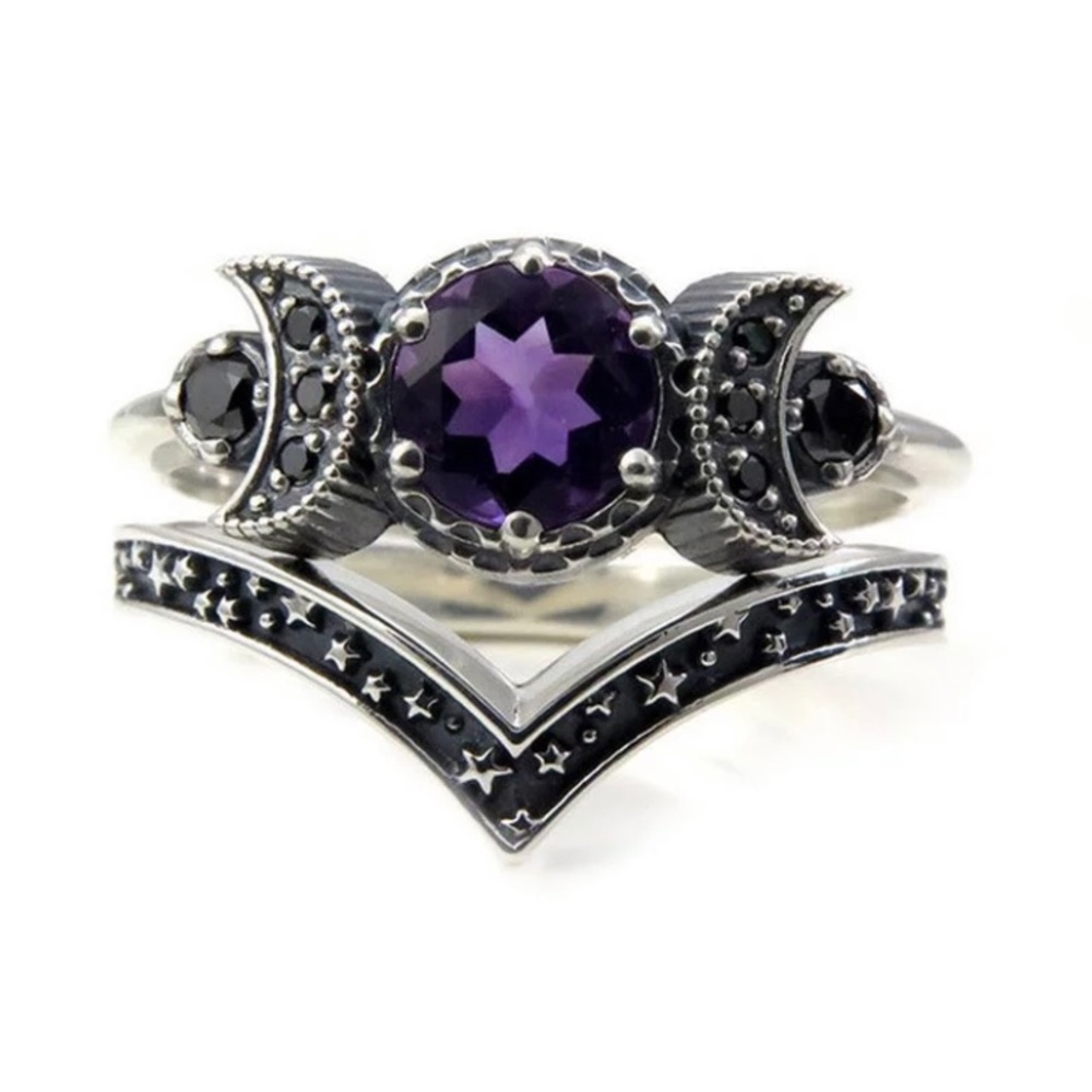 Triple moon Goddess Hecate purple amethyst ring new crescent full moons two set